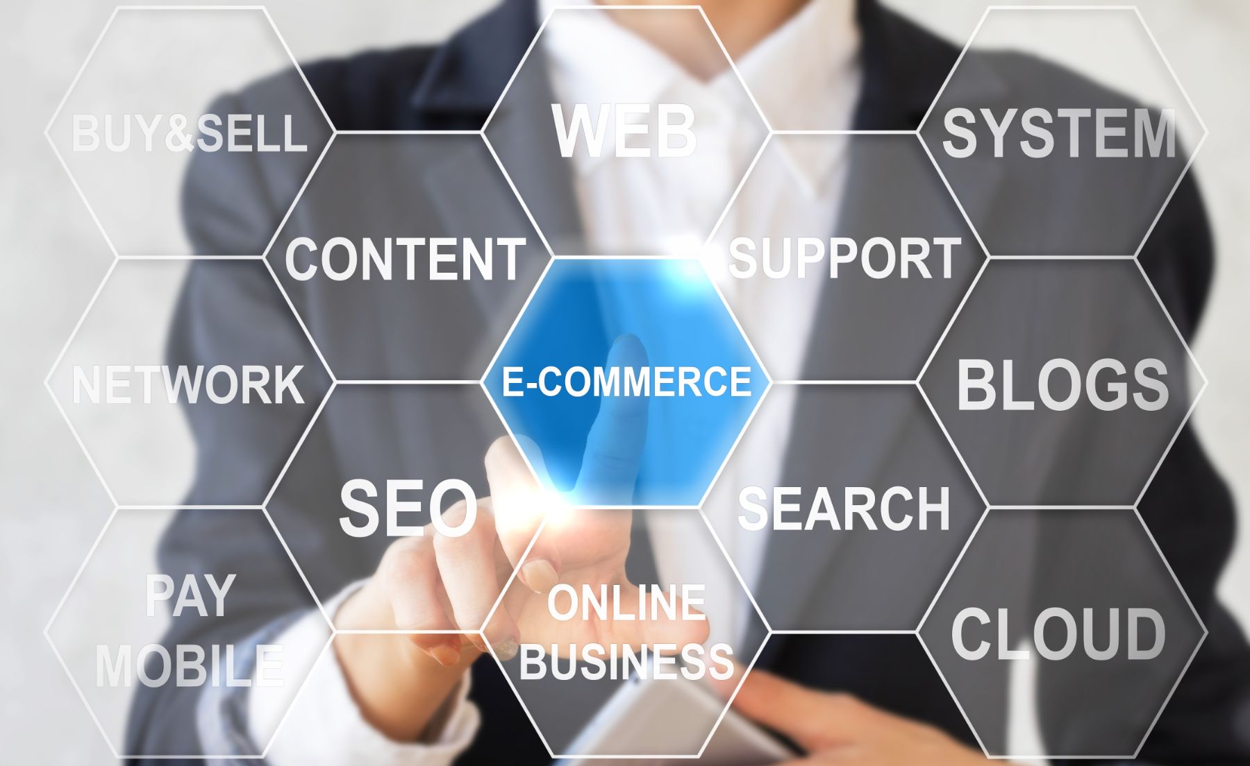 Person tapping a hexagon grid with terms such as web, content, network and cloud