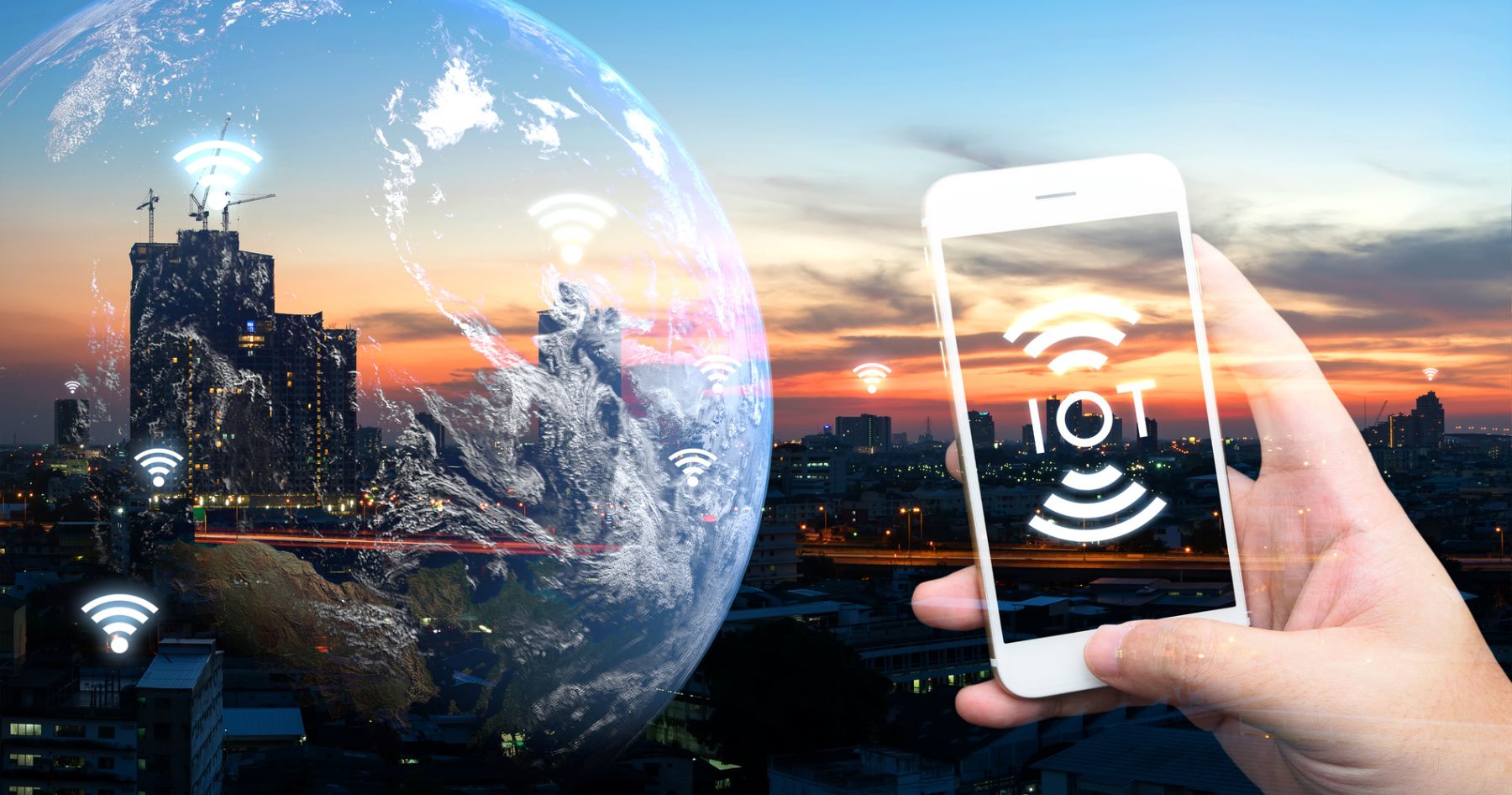 Hand holding a smartphone in front of a city skyline and a globe with network symbols